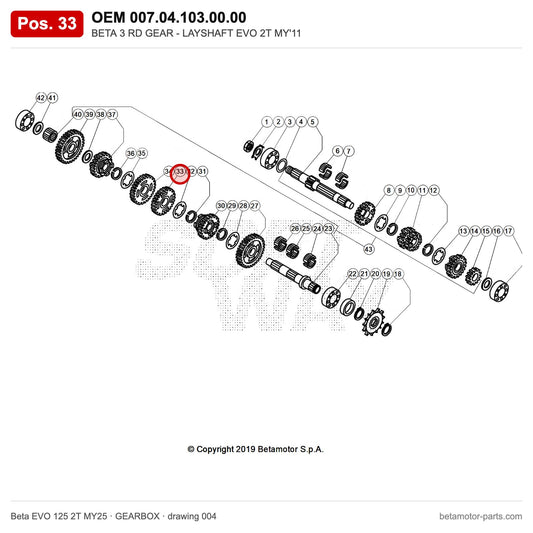 BETA 3 RD GEAR - LAYSHAFT EVO 2T MY'11 – OEM 007.04.103.00.00, position 33 on the Beta EVO 125 2T MY25 gearbox drawing