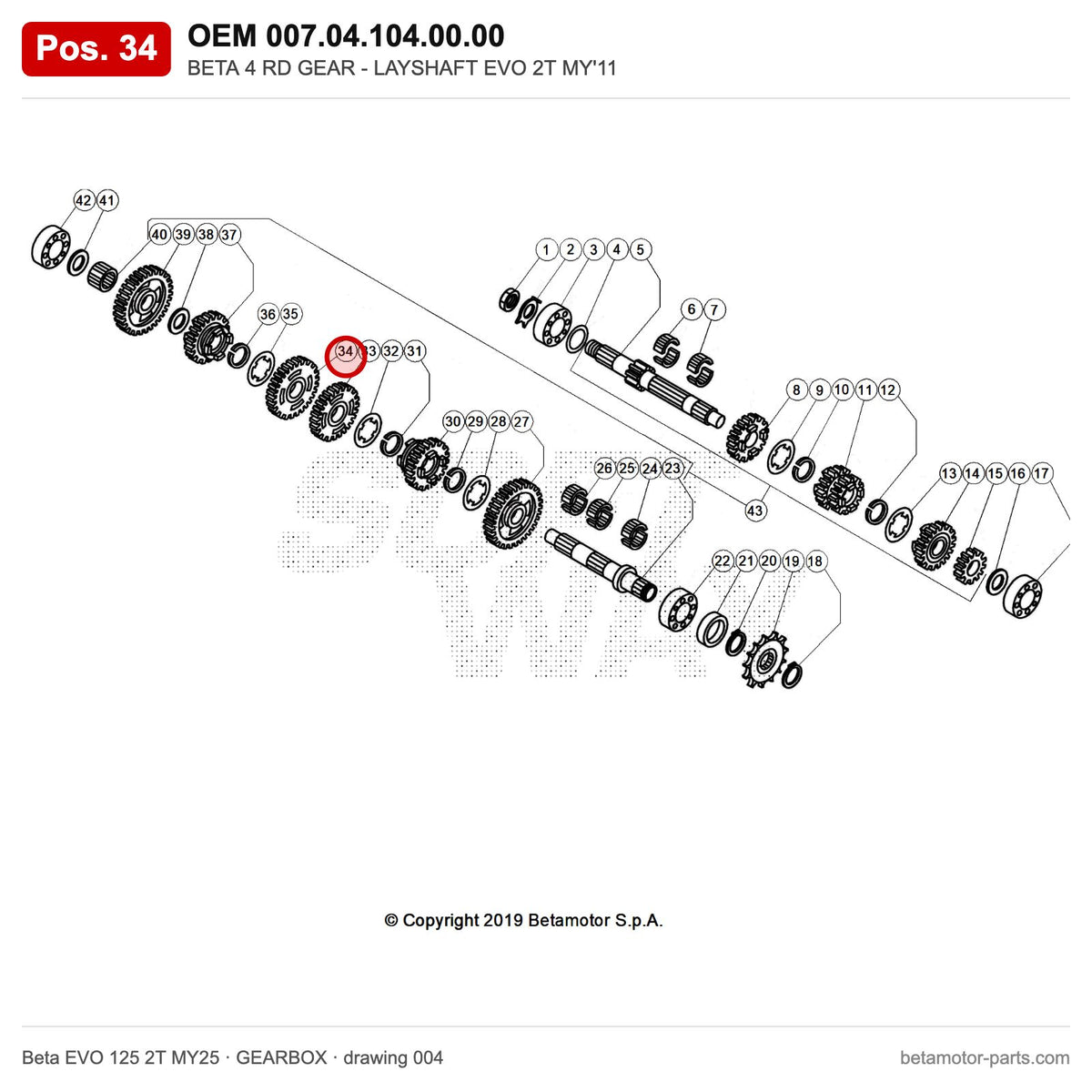 BETA 4 RD GEAR - LAYSHAFT EVO 2T MY'11 – OEM 007.04.104.00.00, position 34 on the Beta EVO 125 2T MY25 gearbox drawing