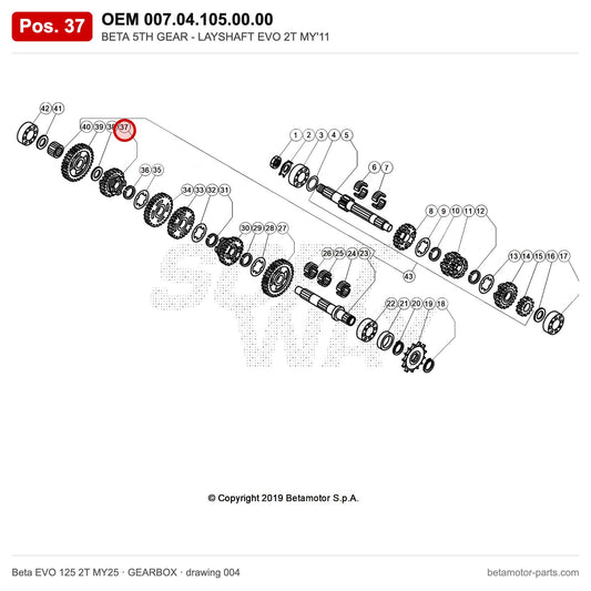 BETA 5TH GEAR - LAYSHAFT EVO 2T MY'11 – OEM 007.04.105.00.00, position 37 on the Beta EVO 125 2T MY25 gearbox drawing
