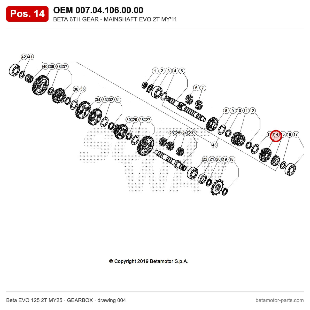 BETA 6TH GEAR - MAINSHAFT EVO 2T MY'11 – OEM 007.04.106.00.00, position 14 on the Beta EVO 125 2T MY25 gearbox drawing