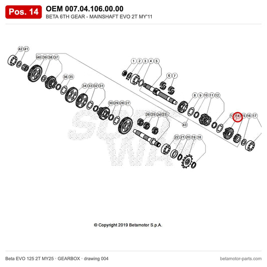 BETA 6TH GEAR - MAINSHAFT EVO 2T MY'11 – OEM 007.04.106.00.00, position 14 on the Beta EVO 125 2T MY25 gearbox drawing