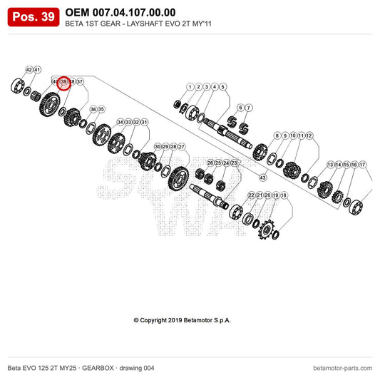 BETA 1ST GEAR - LAYSHAFT EVO 2T MY'11 – OEM 007.04.107.00.00, position 39 on the Beta EVO 125 2T MY25 gearbox drawing