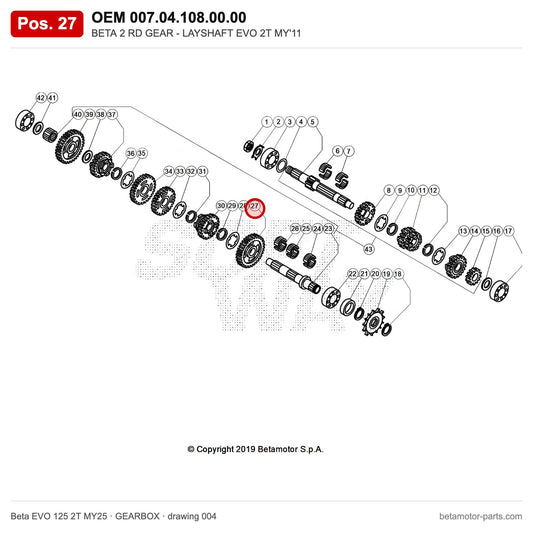 BETA 2 RD GEAR - LAYSHAFT EVO 2T MY'11 – OEM 007.04.108.00.00, position 27 on the Beta EVO 125 2T MY25 gearbox drawing