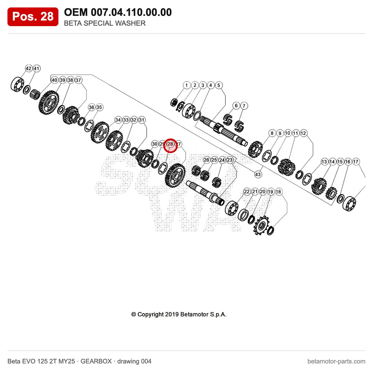 BETA SPECIAL WASHER – OEM 007.04.110.00.00, position 28 on the Beta EVO 125 2T MY25 gearbox drawing
