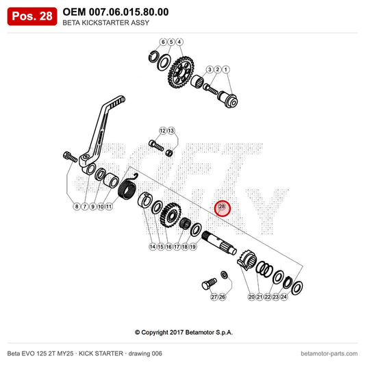 BETA KICKSTARTER ASSY – OEM 007.06.015.80.00, position 28 on the Beta EVO 125 2T MY25 kick starter drawing
