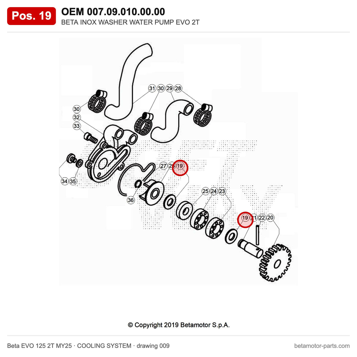 BETA INOX WASHER WATER PUMP EVO 2T – OEM 007.09.010.00.00, position 19 on the Beta EVO 125 2T MY25 cooling system drawing