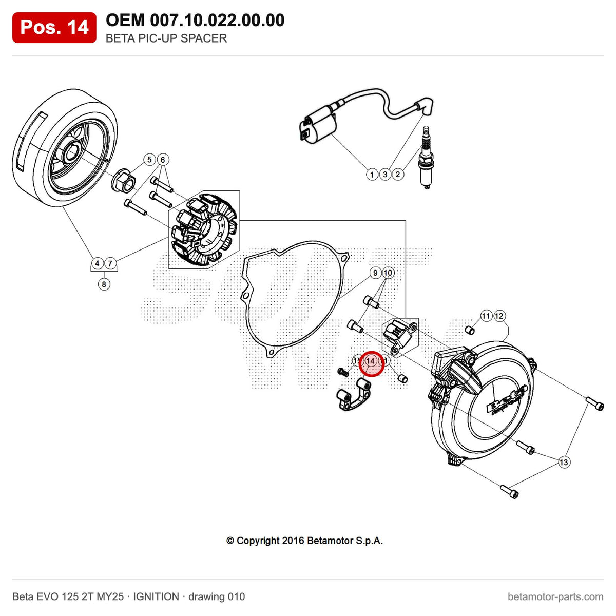BETA PIC-UP SPACER – OEM 007.10.022.00.00, position 14 on the Beta EVO 125 2T MY25 ignition drawing