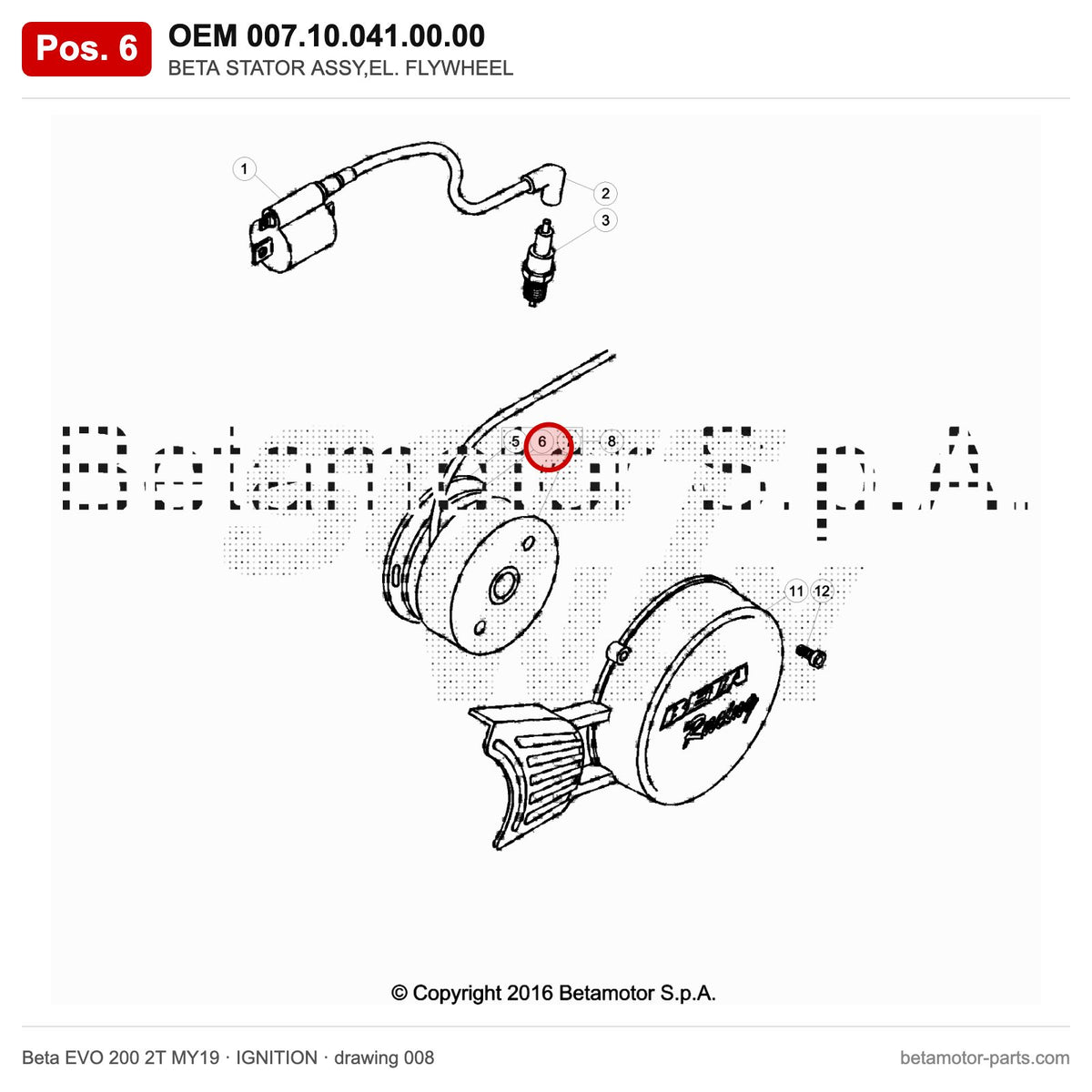 BETA STATOR ASSY,EL. FLYWHEEL – OEM 007.10.041.00.00, position 6 on the Beta EVO 200 2T MY19 ignition drawing
