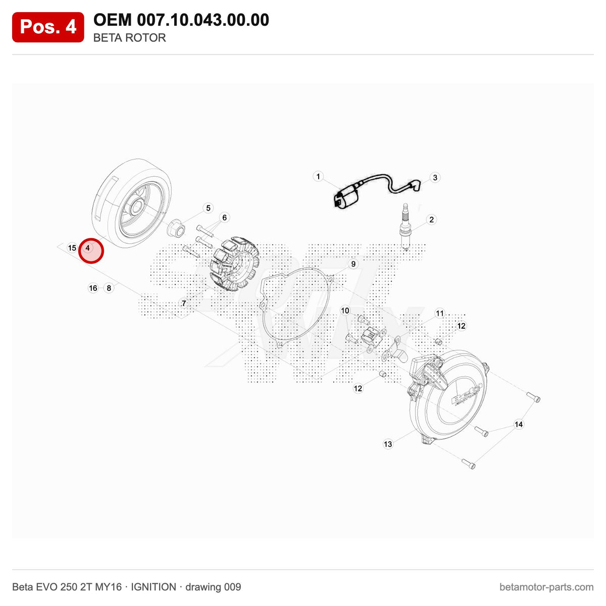 BETA ROTOR – OEM 007.10.043.00.00, position 4 on the Beta EVO 250 2T MY16 ignition drawing