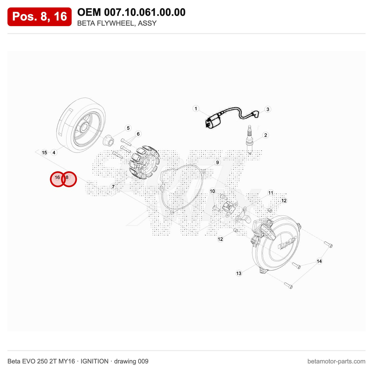 BETA FLYWHEEL, ASSY – OEM 007.10.061.00.00, positions 8,16 on the Beta EVO 250 2T MY16 ignition drawing