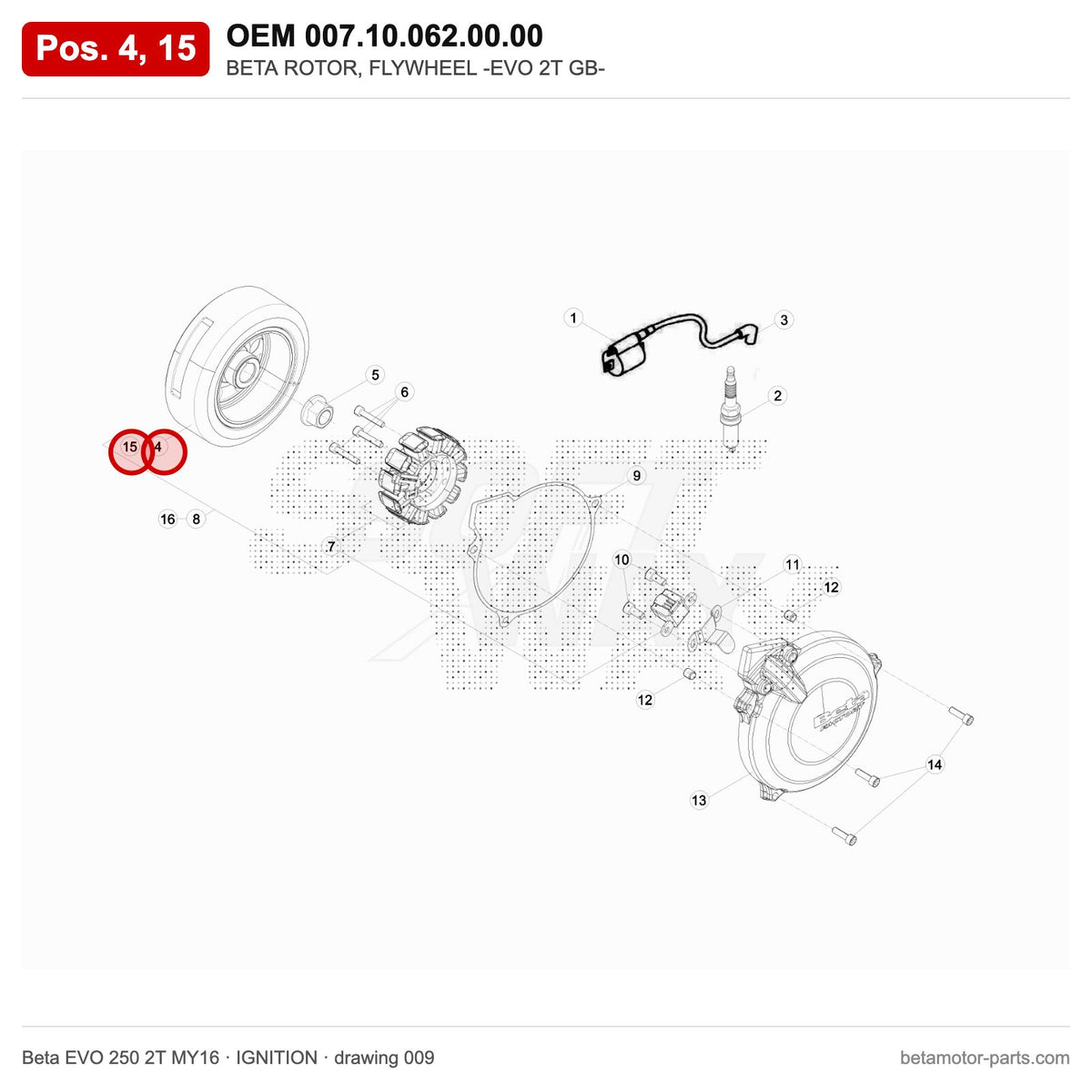BETA ROTOR, FLYWHEEL -EVO 2T GB- – OEM 007.10.062.00.00, positions 4,15 on the Beta EVO 250 2T MY16 ignition drawing