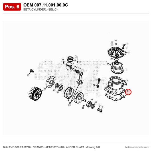BETA CYLINDER, -SEL.C- – OEM 007.11.001.00.0C, position 6 on the Beta EVO 300 2T MY16 crankshaft/piston/balancer shaft drawing