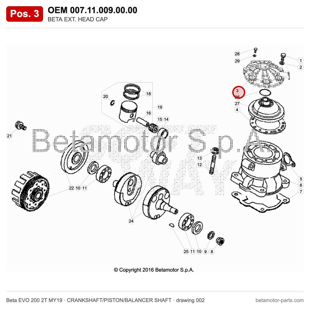 BETA EXT. HEAD CAP – OEM 007.11.009.00.00, position 3 on the Beta EVO 200 2T MY19 crankshaft/piston/balancer shaft drawing