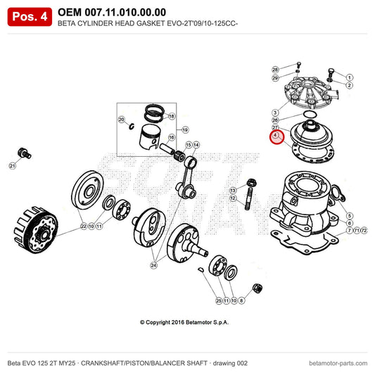 BETA CYLINDER HEAD GASKET EVO-2T'09/10-125CC- – OEM 007.11.010.00.00, position 4 on the Beta EVO 125 2T MY25 crankshaft/piston/balancer shaft drawing