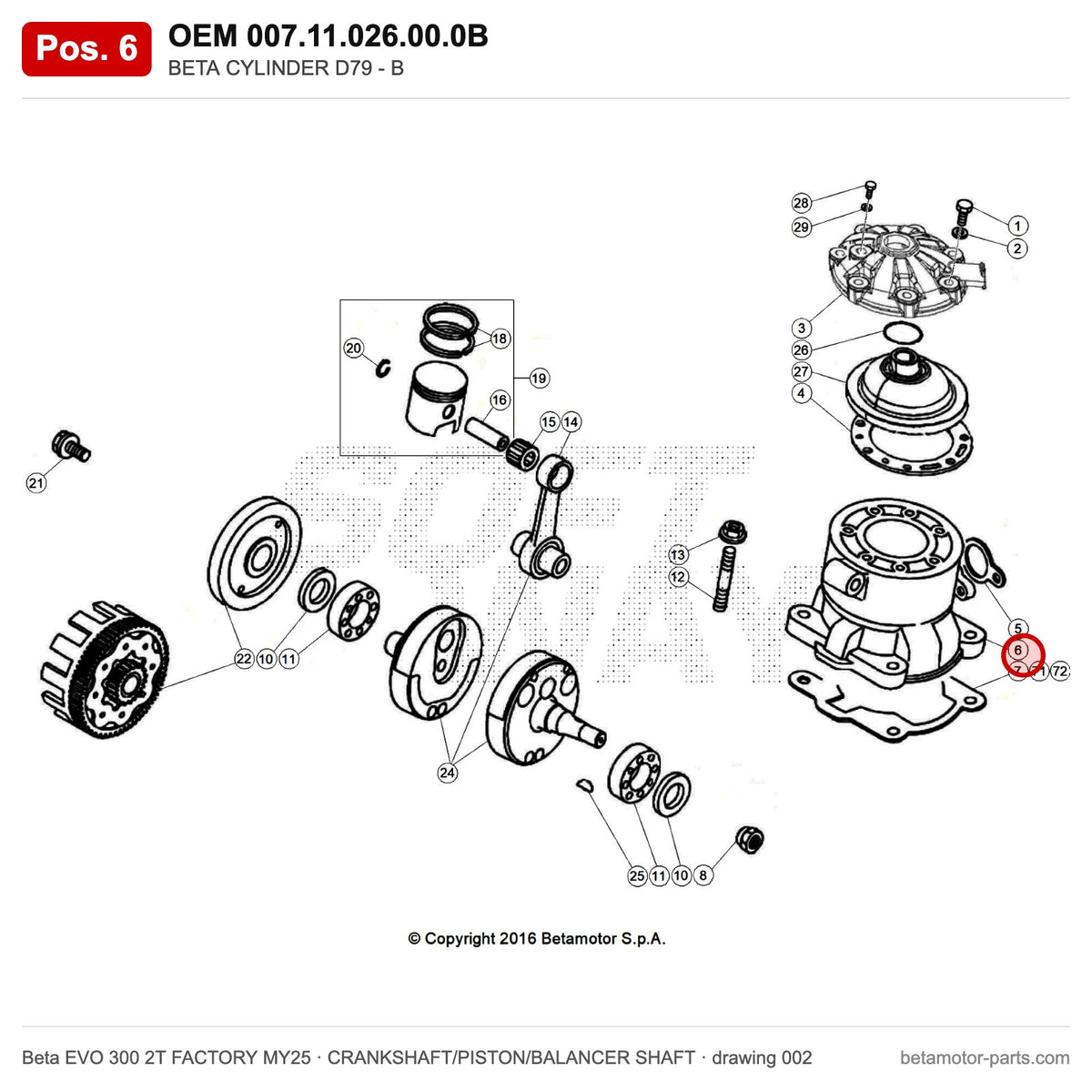 BETA CYLINDER D79 - B – OEM 007.11.026.00.0B, position 6 on the Beta EVO 300 2T FACTORY MY25 crankshaft/piston/balancer shaft drawing