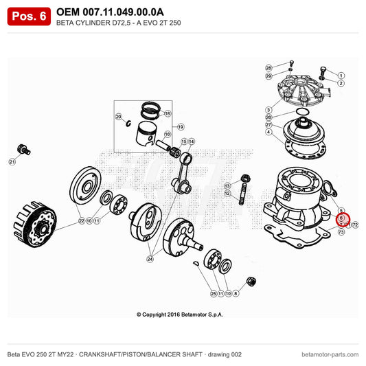 BETA CYLINDER D72,5 - A EVO 2T 250 – OEM 007.11.049.00.0A, position 6 on the Beta EVO 250 2T MY22 crankshaft/piston/balancer shaft drawing