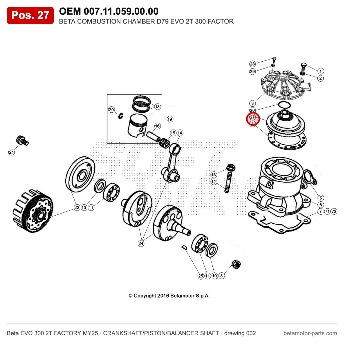 BETA COMBUSTION CHAMBER D79 EVO 2T 300 FACTOR – OEM 007.11.059.00.00, position 27 on the Beta EVO 300 2T FACTORY MY25 crankshaft/piston/balancer shaft drawing