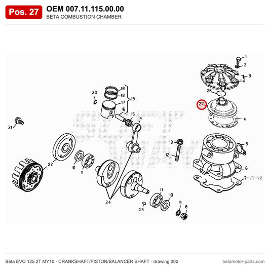 BETA COMBUSTION CHAMBER – OEM 007.11.115.00.00, position 27 on the Beta EVO 125 2T MY10 crankshaft/piston/balancer shaft drawing