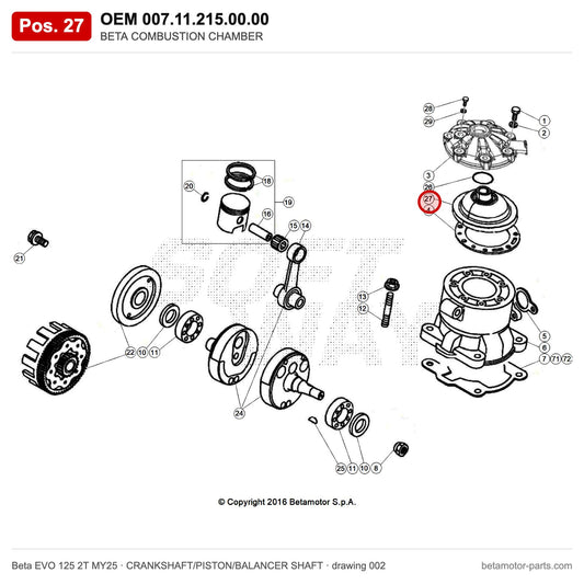 BETA COMBUSTION CHAMBER – OEM 007.11.215.00.00, position 27 on the Beta EVO 125 2T MY25 crankshaft/piston/balancer shaft drawing