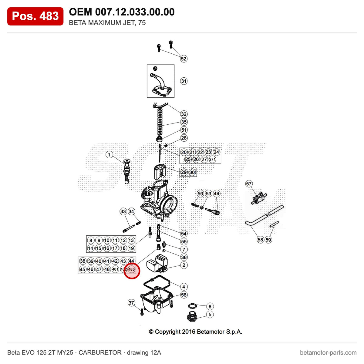 BETA MAXIMUM JET, 75 – OEM 007.12.033.00.00, position 483 on the Beta EVO 125 2T MY25 carburetor drawing