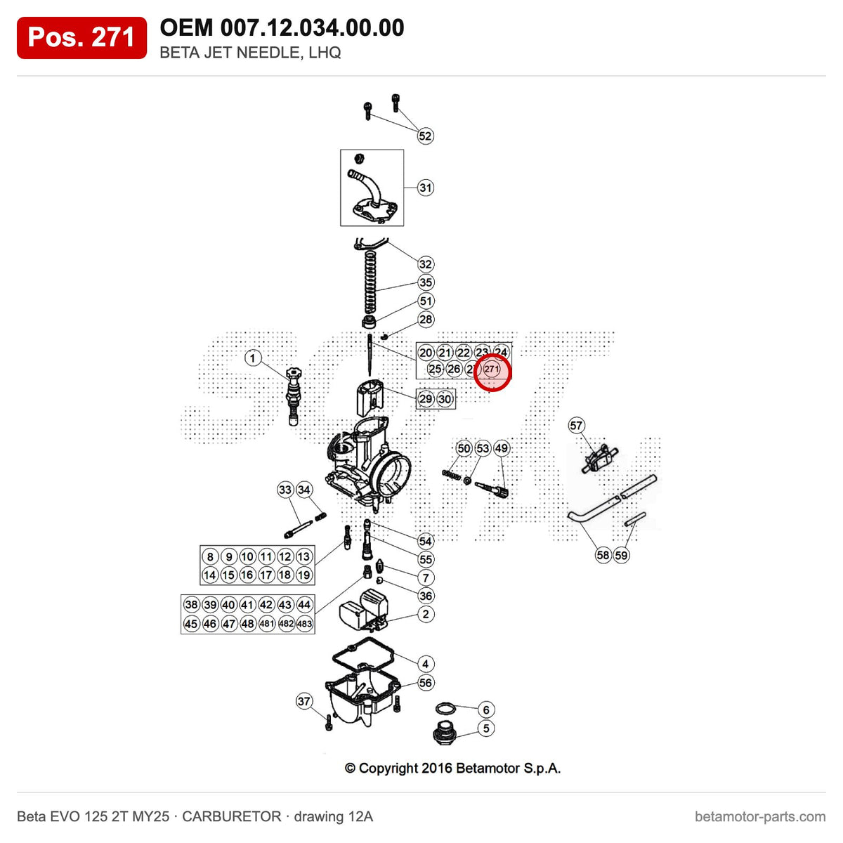 BETA JET NEEDLE, LHQ – OEM 007.12.034.00.00, position 271 on the Beta EVO 125 2T MY25 carburetor drawing