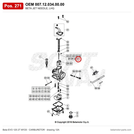 BETA JET NEEDLE, LHQ – OEM 007.12.034.00.00, position 271 on the Beta EVO 125 2T MY25 carburetor drawing