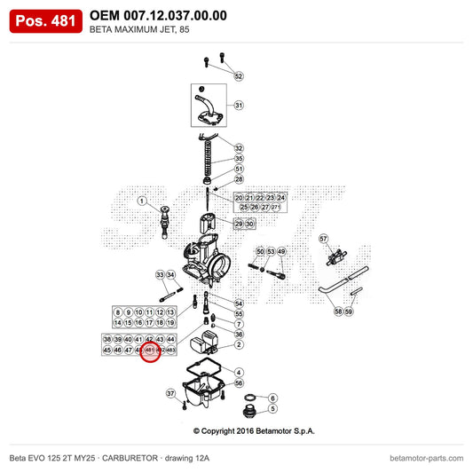 BETA MAXIMUM JET, 85 – OEM 007.12.037.00.00, position 481 on the Beta EVO 125 2T MY25 carburetor drawing