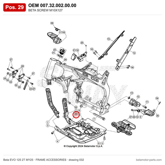 BETA SCREW M10X127 – OEM 007.32.002.00.00, position 29 on the Beta EVO 125 2T MY25 frame accessories drawing