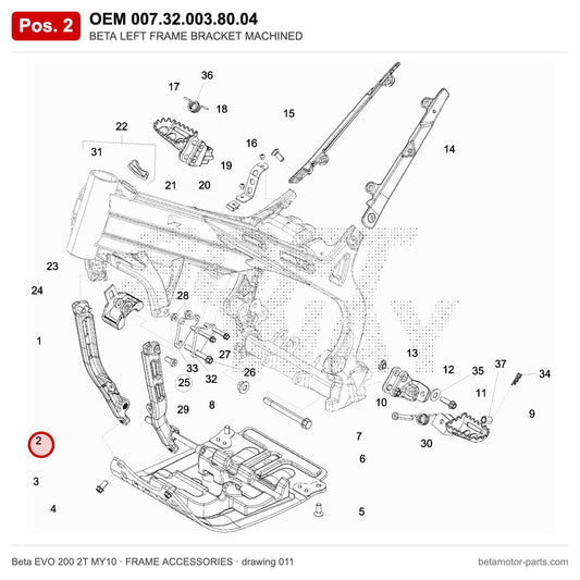BETA LEFT FRAME BRACKET MACHINED – OEM 007.32.003.80.04, position 2 on the Beta EVO 200 2T MY10 frame accessories drawing