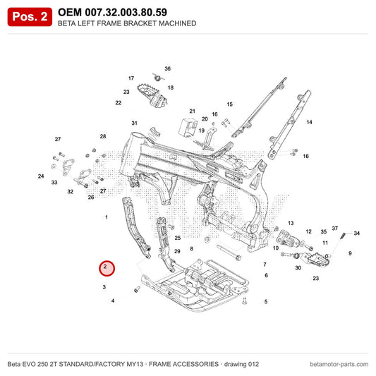 BETA LEFT FRAME BRACKET MACHINED – OEM 007.32.003.80.59, position 2 on the Beta EVO 250 2T STANDARD/FACTORY MY13 frame accessories drawing