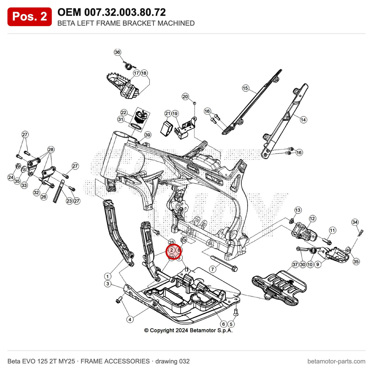 BETA LEFT FRAME BRACKET MACHINED – OEM 007.32.003.80.72, position 2 on the Beta EVO 125 2T MY25 frame accessories drawing
