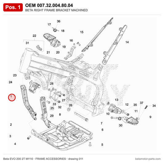 BETA RIGHT FRAME BRACKET MACHINED – OEM 007.32.004.80.04, position 1 on the Beta EVO 200 2T MY10 frame accessories drawing