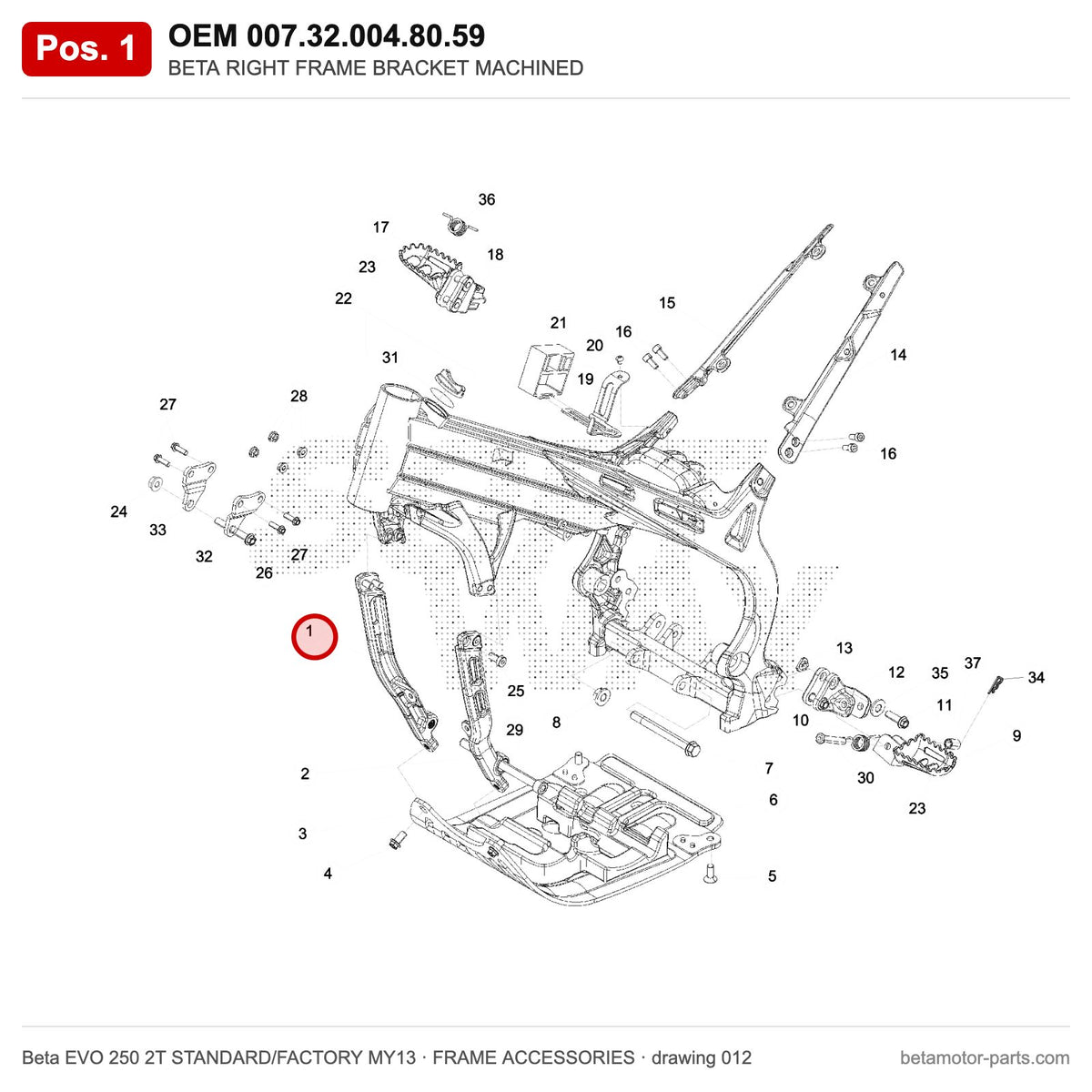 BETA RIGHT FRAME BRACKET MACHINED – OEM 007.32.004.80.59, position 1 on the Beta EVO 250 2T STANDARD/FACTORY MY13 frame accessories drawing