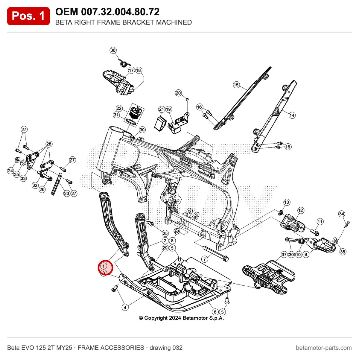 BETA RIGHT FRAME BRACKET MACHINED – OEM 007.32.004.80.72, position 1 on the Beta EVO 125 2T MY25 frame accessories drawing