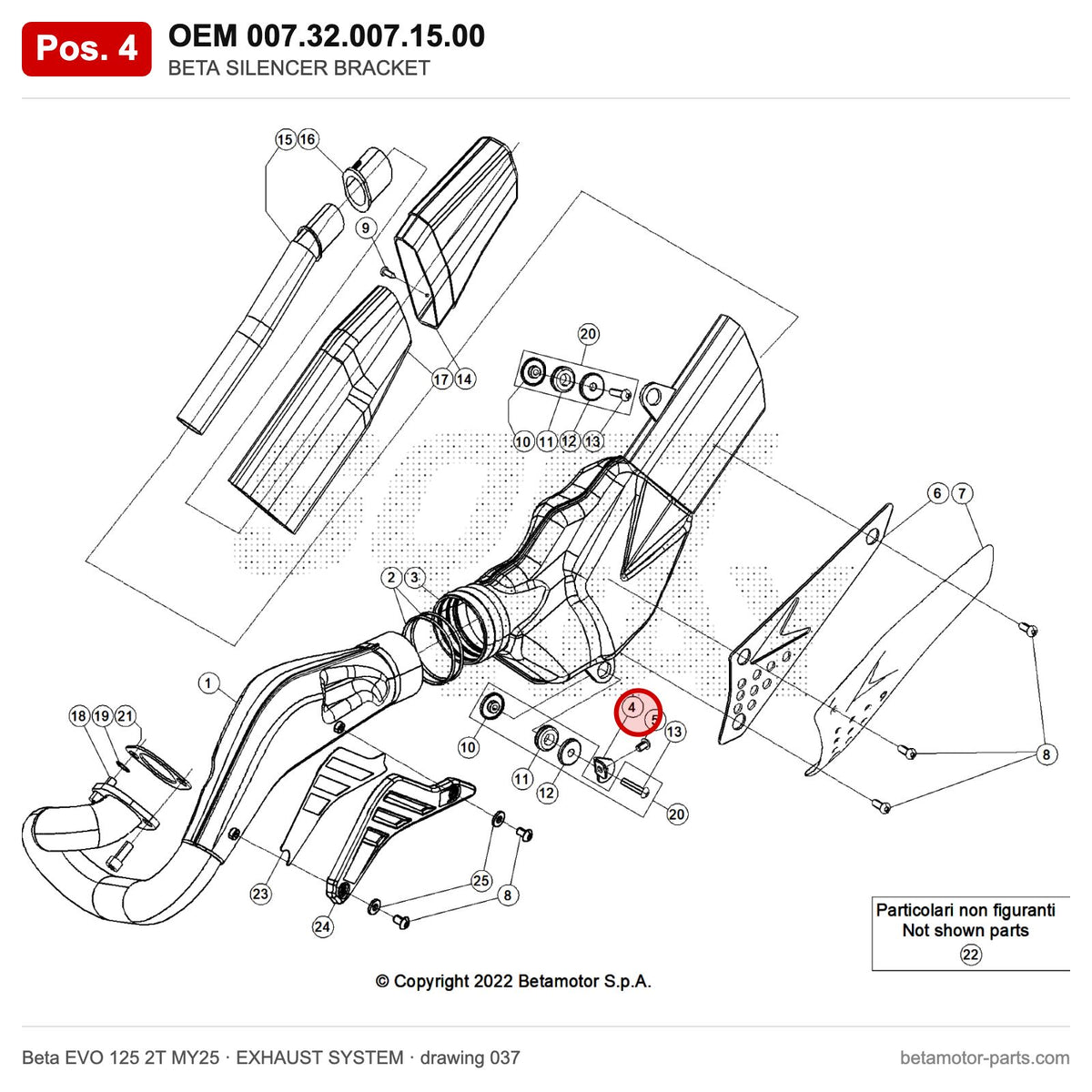 BETA SILENCER BRACKET – OEM 007.32.007.15.00, position 4 on the Beta EVO 125 2T MY25 exhaust system drawing