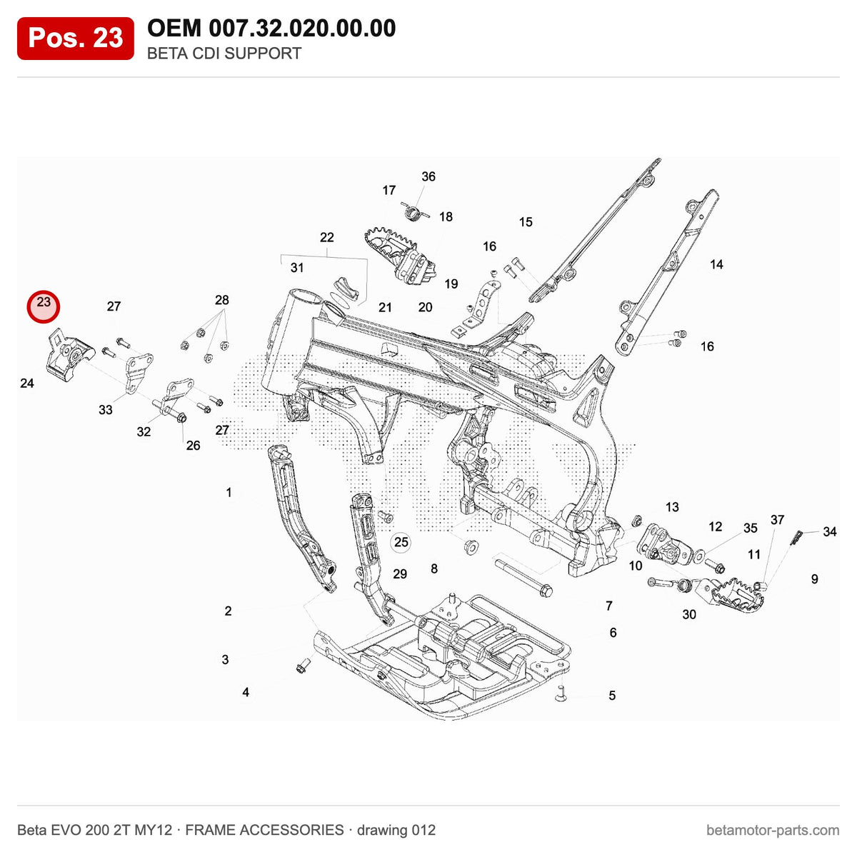 BETA CDI SUPPORT – OEM 007.32.020.00.00, position 23 on the Beta EVO 200 2T MY12 frame accessories drawing