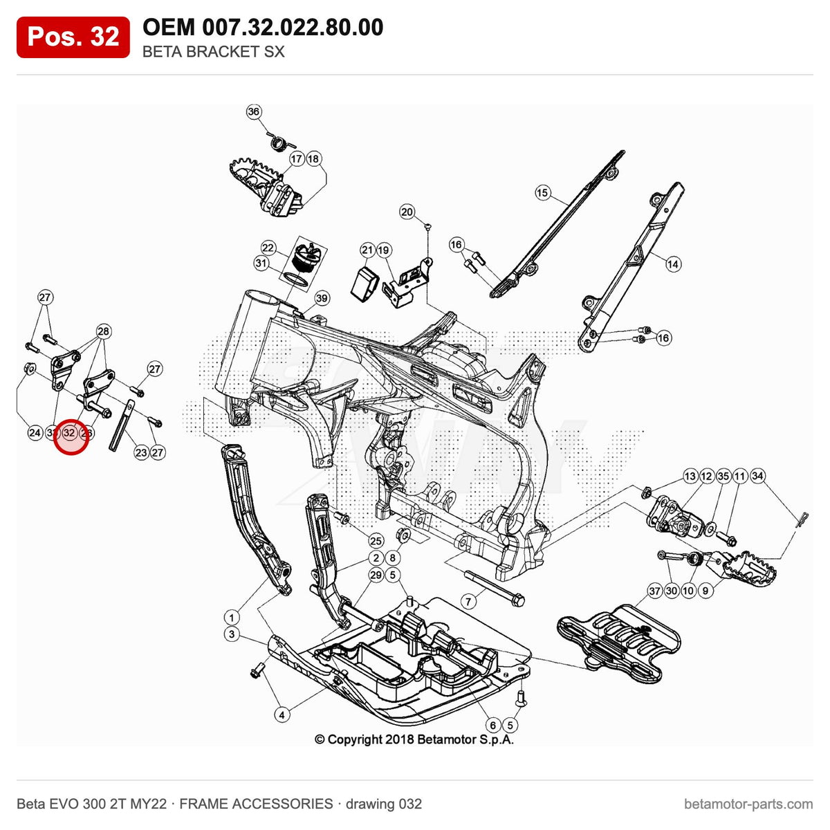 BETA BRACKET SX – OEM 007.32.022.80.00, position 32 on the Beta EVO 300 2T MY22 frame accessories drawing