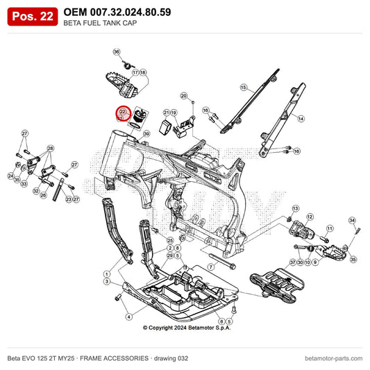BETA FUEL TANK CAP – OEM 007.32.024.80.59, position 22 on the Beta EVO 125 2T MY25 frame accessories drawing