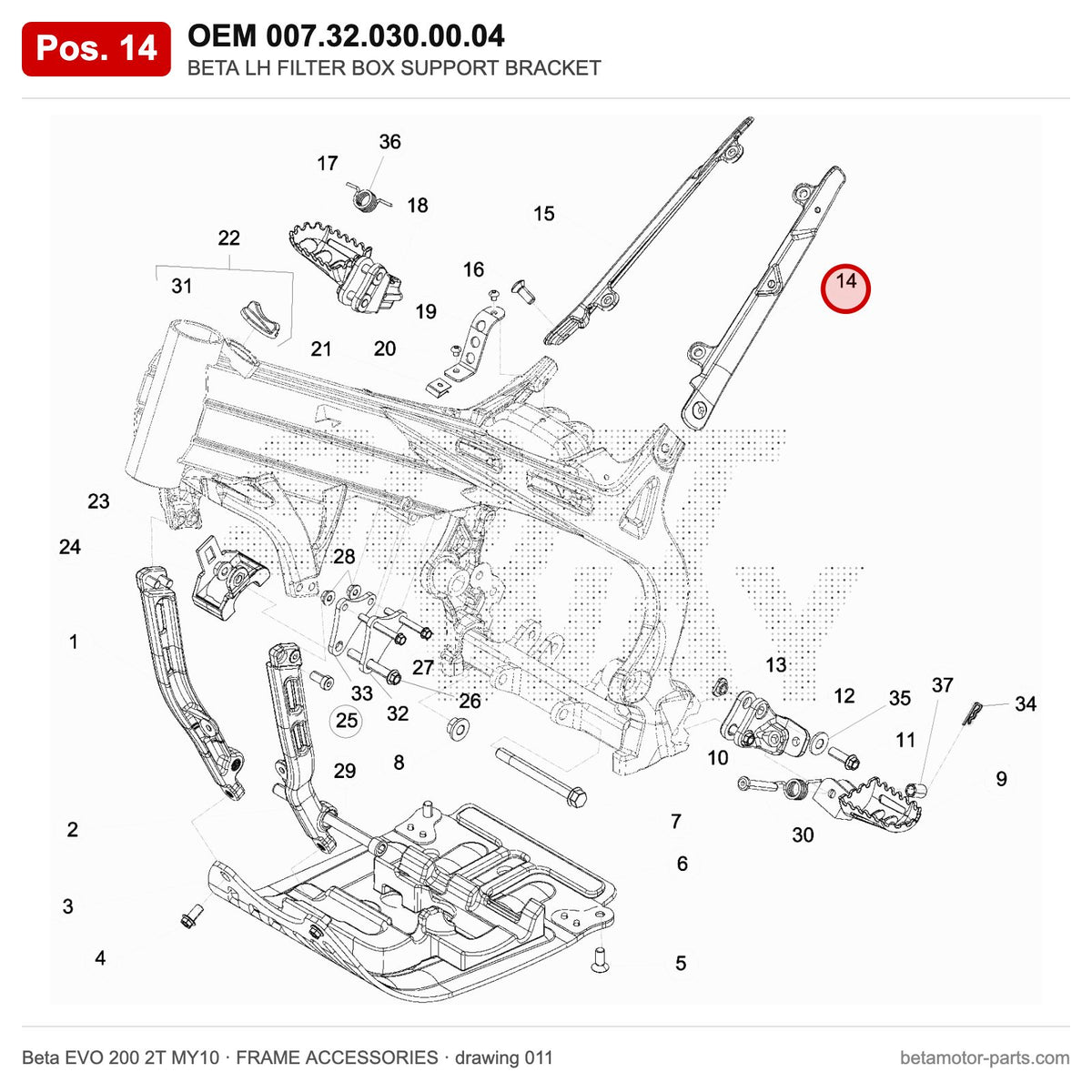 BETA LH FILTER BOX SUPPORT BRACKET – OEM 007.32.030.00.04, position 14 on the Beta EVO 200 2T MY10 frame accessories drawing