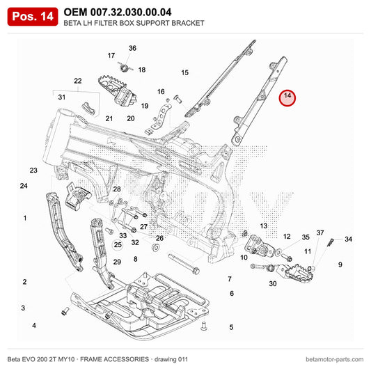 BETA LH FILTER BOX SUPPORT BRACKET – OEM 007.32.030.00.04, position 14 on the Beta EVO 200 2T MY10 frame accessories drawing