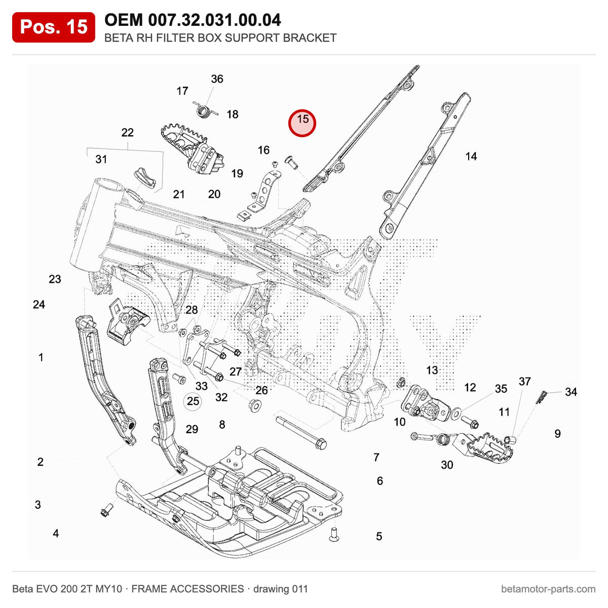 BETA RH FILTER BOX SUPPORT BRACKET – OEM 007.32.031.00.04, position 15 on the Beta EVO 200 2T MY10 frame accessories drawing