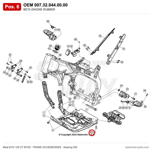 BETA ENGINE RUBBER – OEM 007.32.044.00.00, position 6 on the Beta EVO 125 2T MY25 frame accessories drawing
