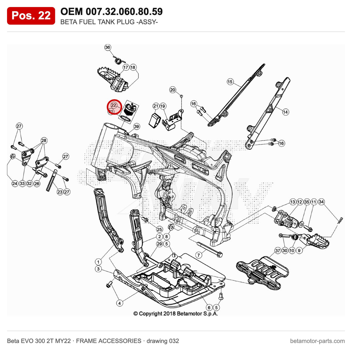 BETA FUEL TANK PLUG -ASSY- – OEM 007.32.060.80.59, position 22 on the Beta EVO 300 2T MY22 frame accessories drawing