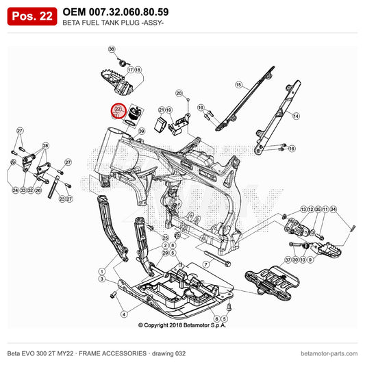BETA FUEL TANK PLUG -ASSY- – OEM 007.32.060.80.59, position 22 on the Beta EVO 300 2T MY22 frame accessories drawing