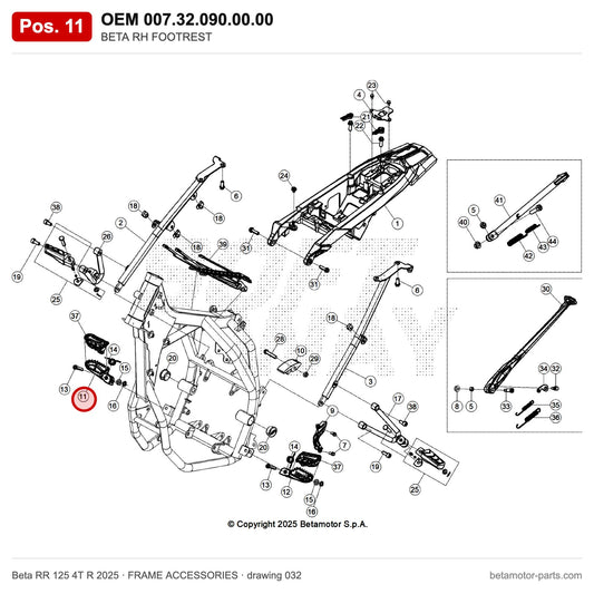BETA RH FOOTREST – OEM 007.32.090.00.00, position 11 on the Beta RR 125 4T R 2025 frame accessories drawing