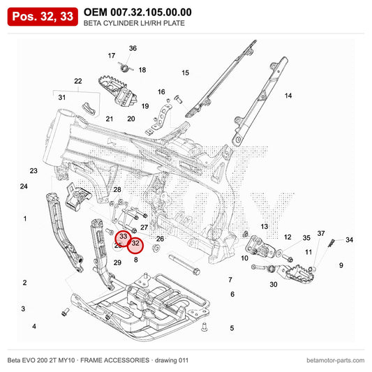 BETA CYLINDER LH/RH PLATE – OEM 007.32.105.00.00, positions 32,33 on the Beta EVO 200 2T MY10 frame accessories drawing