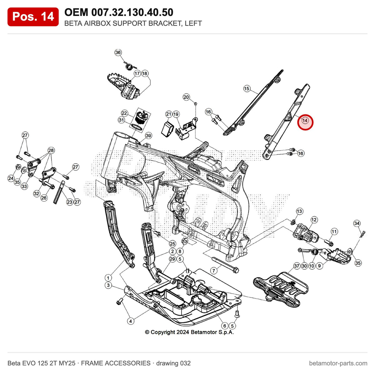 BETA AIRBOX SUPPORT BRACKET, LEFT – OEM 007.32.130.40.50, position 14 on the Beta EVO 125 2T MY25 frame accessories drawing
