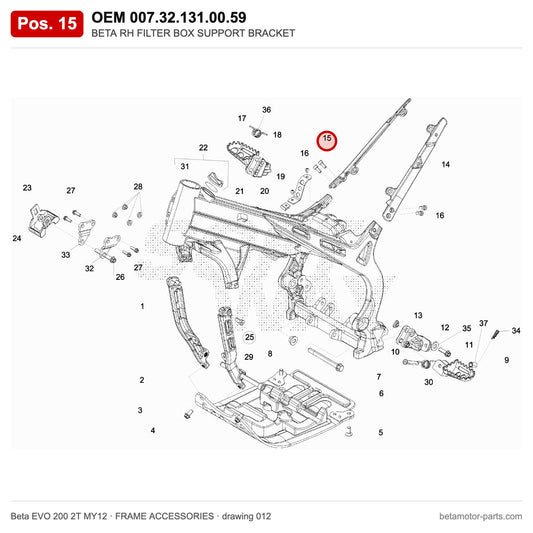 BETA RH FILTER BOX SUPPORT BRACKET – OEM 007.32.131.00.59, position 15 on the Beta EVO 200 2T MY12 frame accessories drawing
