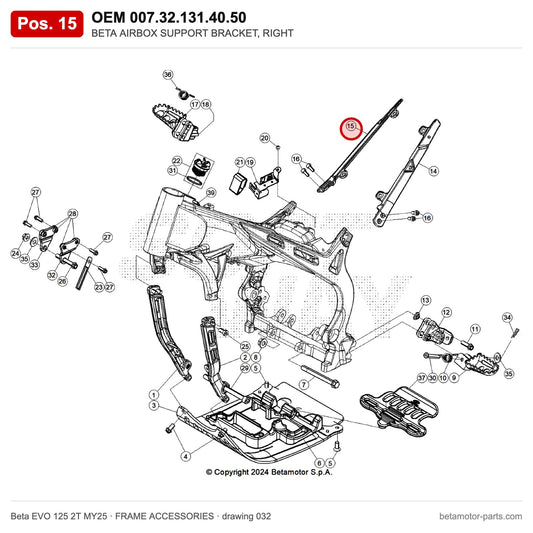 BETA AIRBOX SUPPORT BRACKET, RIGHT – OEM 007.32.131.40.50, position 15 on the Beta EVO 125 2T MY25 frame accessories drawing