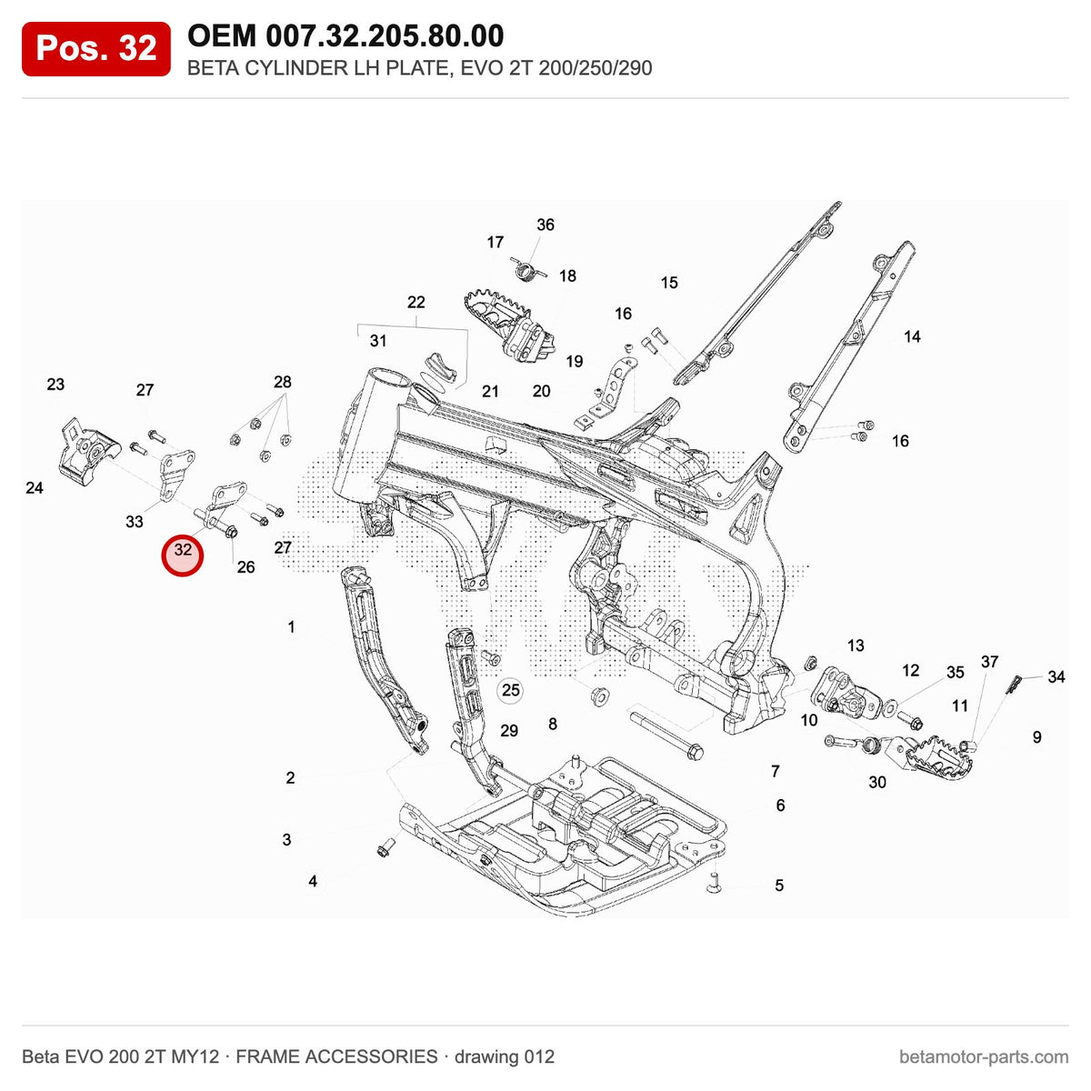 BETA CYLINDER LH PLATE, EVO 2T 200/250/290 – OEM 007.32.205.80.00, position 32 on the Beta EVO 200 2T MY12 frame accessories drawing